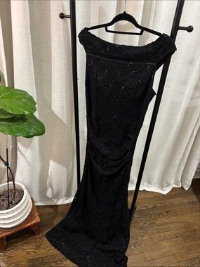 Elegant Black Sequin Lace Evening Gown By La Scala USA